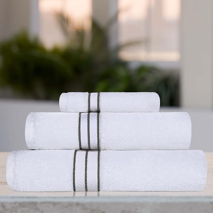 Superior Hotel Turkish Cotton 3 Piece Towel Set, Ultra Plush Spa Quality Heavyweight Essentials for Bathroom, Thick Absorbent and Soft, Dobby Border, Includes 1 Bath 1 Hand 1 Washcloth, Charcoal