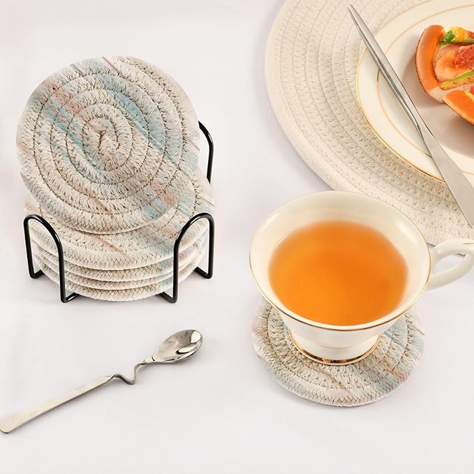 Minimalist Home Decor for Coffee Table, Kitchen, Drink Coasters, Earth Dye Stripes Handmade Cotton Absorbent Coaster Set of 6, Housewarming and Wedding Registry Ideas