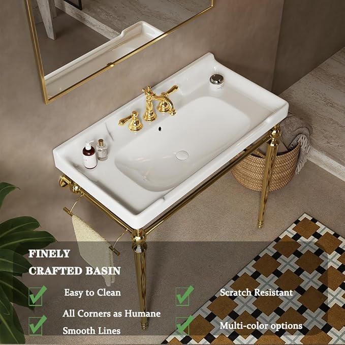 36" Bathroom Console Sink, Wall-Mounted White Ceramic Vanity Basin with 3 Pre-drilled Faucet Holes, Freestanding Gold Stainless Steel Support Legs with Towel Bar, No Faucet - Rome, White