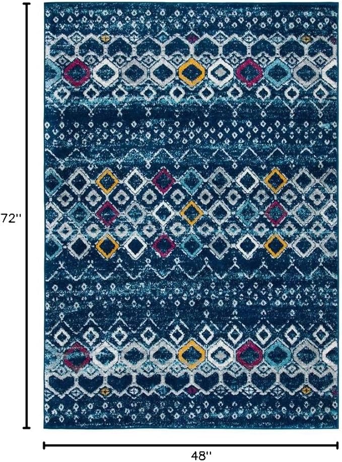 SAFAVIEH Amsterdam Collection Accent Rug - 4' x 6', Navy & Turquoise, Moroccan Boho Design, Non-Shedding & Easy Care, Ideal for High Traffic Areas in Entryway, Living Room, Bedroom (AMS108M)