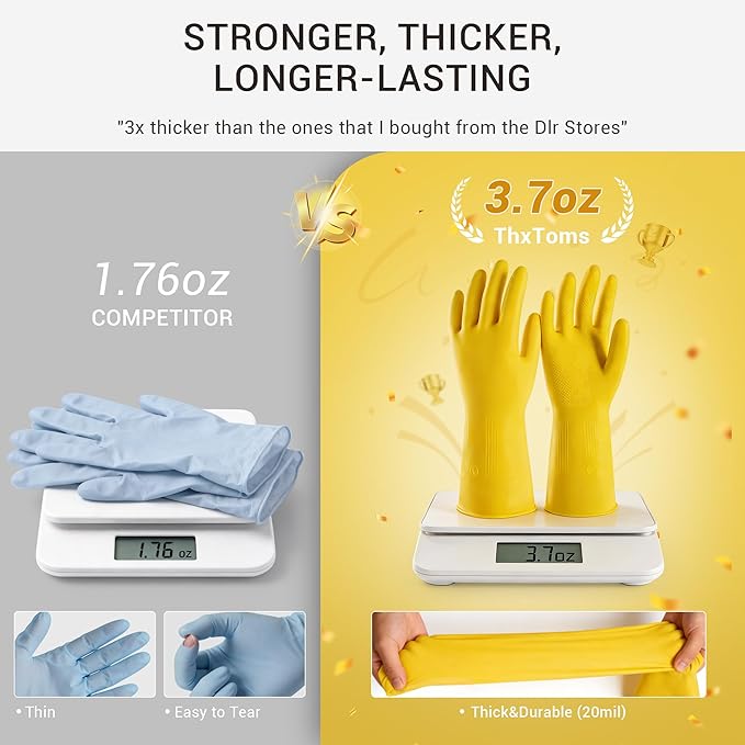 6 Pairs Rubber Cleaning Gloves,Reusable Dishwashing Gloves,Household Dish Gloves for Washing,Cleaning,Kitchen,Painting, Gardening, Pet Care,Extra Thickness,Non-Slip,13", 20 Mil, Heavy Duty,L