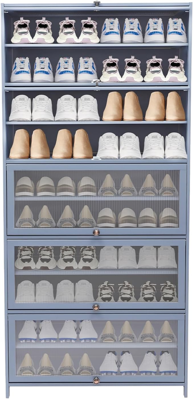 Tall Bamboo Shoe Cabinet with Doors, 10 Tier Large Capacity Shoe Rack Organizer, Narrow Freestanding Storage Shelf for Entryway, Hallway & Closet, Holds 40-45 Pairs (Grayish Blue)