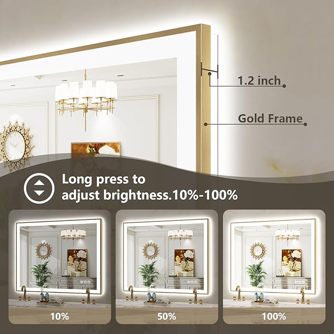 48x36 Inch LED Bathroom Mirror with Lights (Front Lit and Backlit) Gold Framed Lighted Vanity Mirror for Bathroom Wall Dimmable Anti-Fog Memory Tempered Glass Horizontal/Vertical