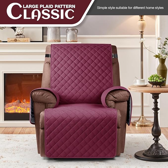 KinCam 100% Waterproof Recliner Chair Cover, Reclining Couch Covers for Pets, Dogs, Recliner Couch Slipcover Furniture Protector with Elastic Straps for Kids(25", Burgundy)