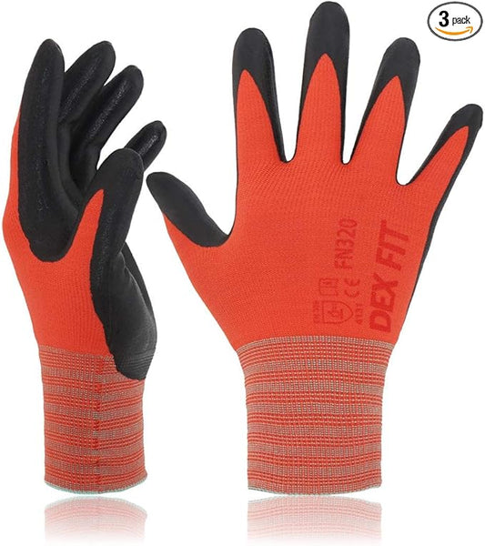 DEX FIT Nylon Work Gloves FN320, 3D Comfort Fit, Power Grip, Lightweight & Breathable, Touchscreen, Gardening, Yard Work, Warehouse, Delivery Driver Gloves; Red 8 (M) 3 Pairs