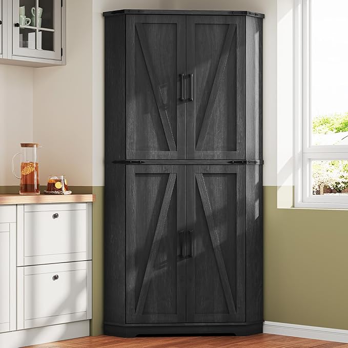 Dripex 71" Corner Cabinet Black, Farmhouse Kitchen Pantry Cabinet with Doors Storage & Adjustable Shelves, Tall Corner Storage Cabinet with LED Light, Food Pantry for Living Room, Dining Room