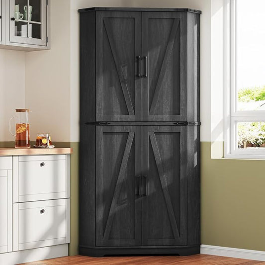 Dripex 71" Corner Cabinet Black, Farmhouse Kitchen Pantry Cabinet with Doors Storage & Adjustable Shelves, Tall Corner Storage Cabinet with LED Light, Food Pantry for Living Room, Dining Room