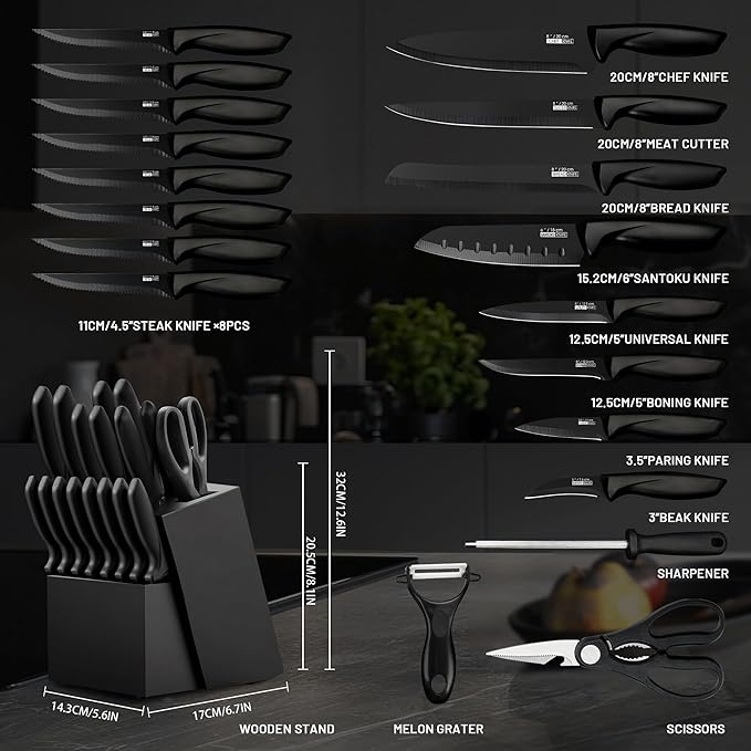 Knife Set, KroWallu 20 Pieces Knife Sets for Kitchen with Block, Dishwasher Safe Kitchen Knife Set with Built-in Sharpener, Japanese Stainless Steel Black Knife Block Set