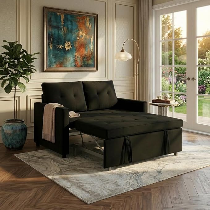 Sofa Bed, Pull Out Couch with Side Pockets, 3 in 1 Velvet Fabric Loveseat Sleeper Sofa Bed, Pull Out Couch with Adjustable Backrest for Living Room, Bedroom, Apartment, Black, 53 Inch