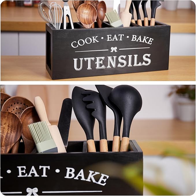 Utensil holder for Kitchen Counter Large Round Utensils Holder with Wooden Base Matte Black Cooking Utensil Holder，Kitchen countertop Utensil Organize (Black-4 Compartments)