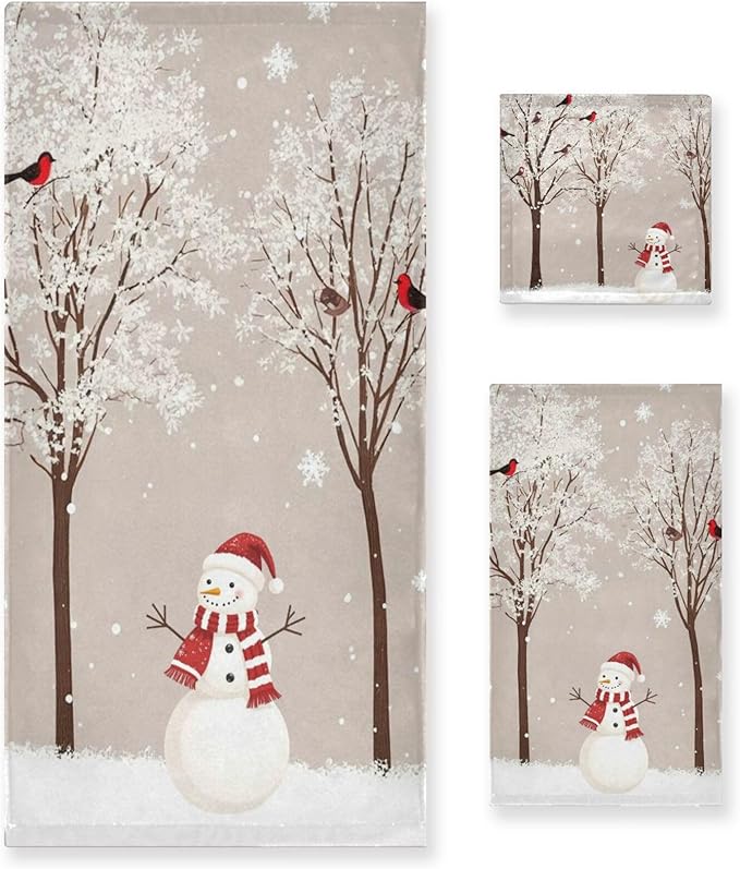 Winter Snowman Bird Tree Snow Towels Set of 3 Snowflakes Peach Christmas Bathroom Towel Soft Absorbent Bath Hand Towels Washcloth Guest Towel Sets Rustic Farmhouse Xmas Holiday Decor