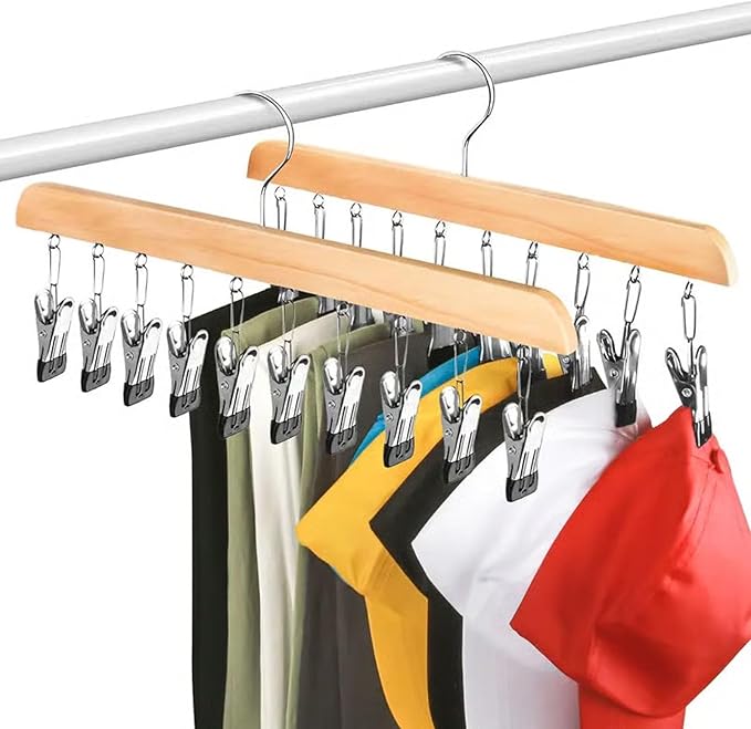 Closet Organizer with 10 Clips - Space Saving Hanging Closet Organizer, 2026 Upgraded Legging Hangers for Closet, 360° Rotating Metal Clips with Silicone Lining for Clothes (Wood, 1PC)