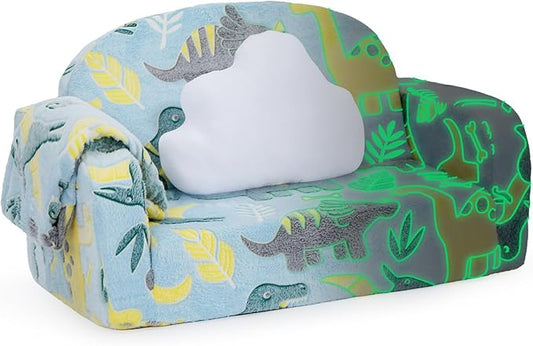 Extra Wide Kids Couch, 2-in-1 Soft Toddler Couch with Blanket, Glow in The Dark, Comfy Toddler Chair with Cloud Pillow, Convertible Sofa, Dinosaur