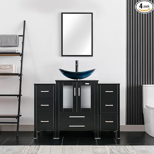eclife 48" Modern Bathroom Vanity Sink Combo Freestanding Cabinet with Small Side Cabinet, Blue Boat Glass Vessel Sink, Water Save Faucet, Drain (Black+A29BU)