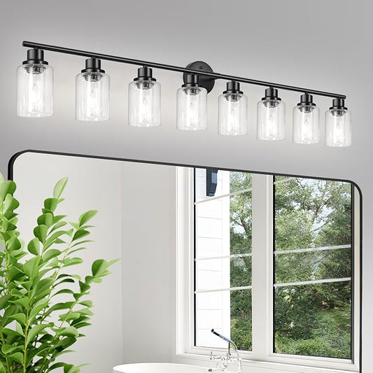 8-Light Black Vanity Lights, Modern Bathroom Light Fixtures with Clear Glass Shade, Wall Lamps for Mirror Kitchen Hallway Cabinet Living Room Sconces Lights - E26