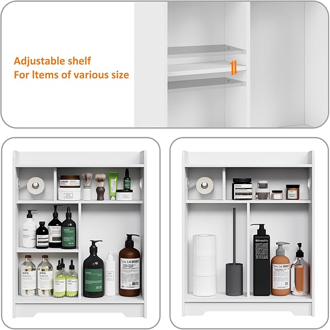 Bathroom Floor Cabinets, Slim Bathroom Storage Cabinet with Sliding Door, Ideal for Toilet Paper Holder, Adjustable Shelves, Next to Toilet Solid Cabinet for Bathroom,Kitchen,White