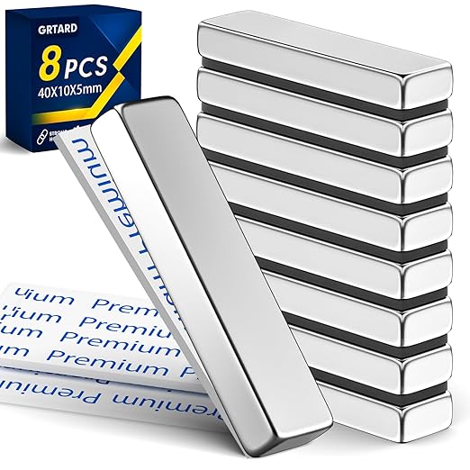 Grtard 8 Pack Neodymium Bar Magnets, Rare Earth Magnets Metal Neodymium Magnet with Double-Sided Adhesive for Fridge and Office Projects, 40x10x5mm(Silver)