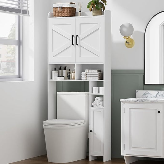 Homhedy Over The Toilet Storage Cabinet with 2 Barn Door and Toilet Paper Holder Stand, FreeStanding Toilet Shelf Space Saver, for Bathroom, Restroom, Laundry, White