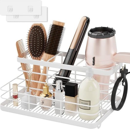 Metal Hair Tool Organizer Wall Mounted, Hair Dryer Holder Basket Storage, Bathroom Sink Organizer Countertop for Vanity Makeup Brush/Hair Straightener/Styling Tools, White, Stand