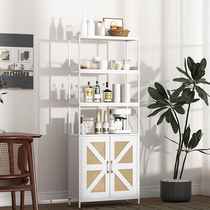Kitchen Bakers Rack with Storage, 70.8'' Tall 5 Tier Farmhouse Pantry Cabinet with Rattan Doors, Industrial Kitchen Hutch with Large Microwave Storage Rack Freestanding Wine Cabinet Living Room, White