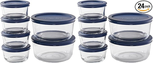 Anchor Hocking 12 Piece Glass Storage Containers with Lids (6 Glass Food Storage Containers & 6 Navy Blue SnugFit Lids) (Pack of 2)