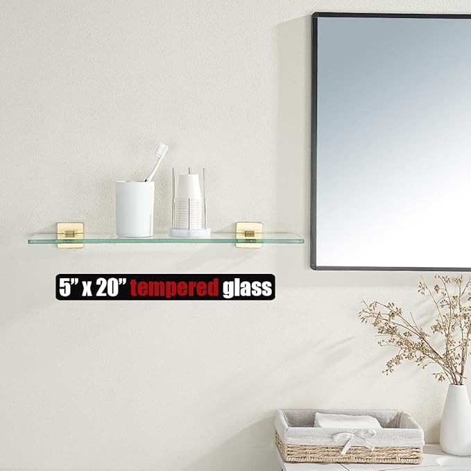 JQK Bathroom Glass Shelf, Floating Tempered Glass Shower Storage 24 by 5 inches, 304 Stainless Steel Brushed Gold Wall Mount, TGS201L24-BG