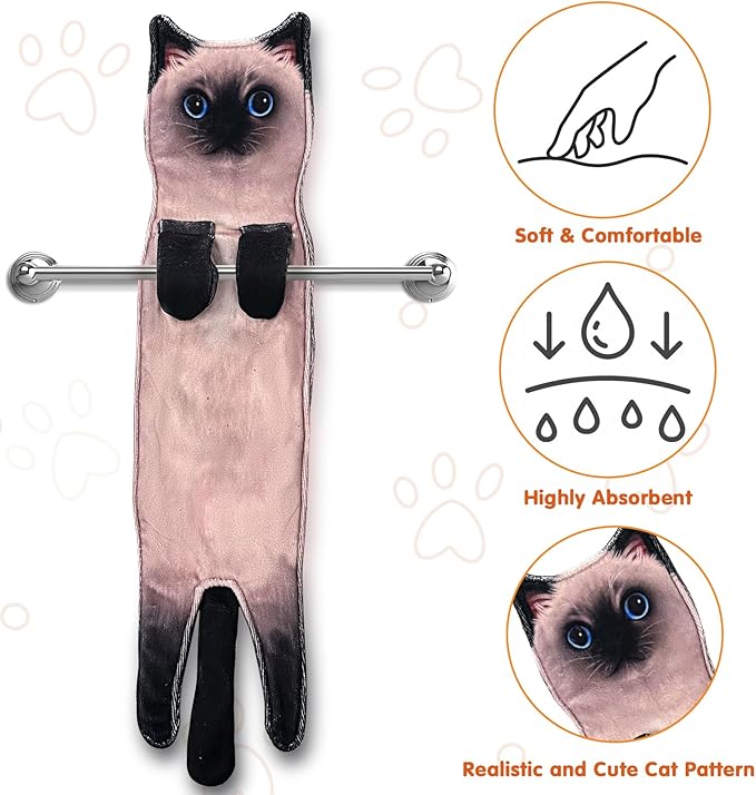 PAT JUUMG Funny Cat Hand Towels for Bathroom Kitchen, Cute Home Decorative Hanging Face Towels, Super Absorbent Soft, Cat Lovers Gifts for Women, Housewarming Gift