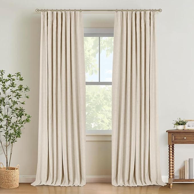 INOVADAY 100% Blackout Curtains for Bedroom, Black Out Curtains 63 Inch Long, Clip Rings Linen Blackout Drapes, Thermal Insulated Room Darkening for Living Room, 2 Panels - Cream,W50xL63