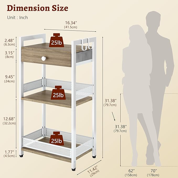 FAVOOSTY 3-Tier Bathroom Ladder Shelf Floor Storage Shelf with Drawer Freestanding Shelving Unit Bookcase End Table for Bathroom Living Room,Balcony-White