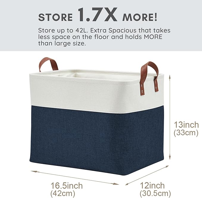 DECOMOMO Extra Large Storage Baskets, Fabric Storage Bins with Handles for Organizing Shelves, Toys, Nursery, Laundry (Navy Blue & White, 3pcs)