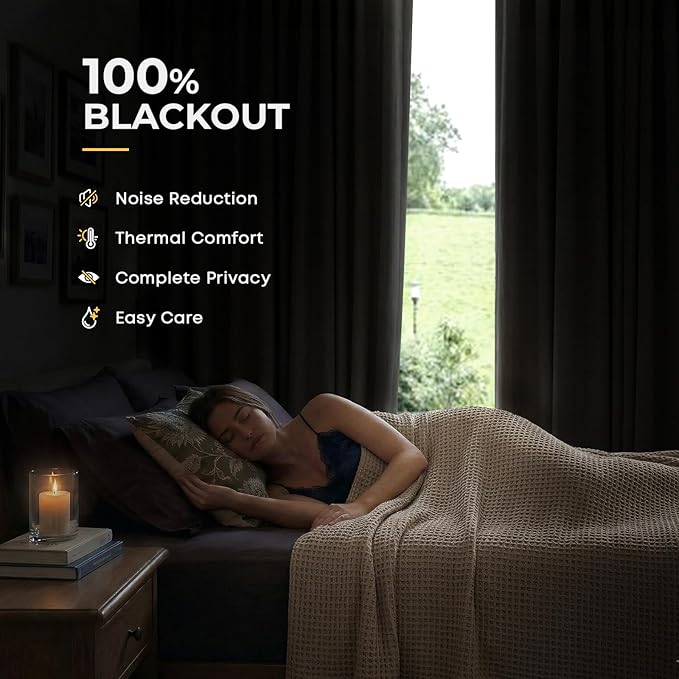 INOVADAY 100% Blackout Curtains for Bedroom, Black Out Curtains 96 Inch Long, Clip Rings Linen Blackout Drapes, Thermal Insulated Room Darkening for Living Room, 2 Panels - Beige,W50xL96