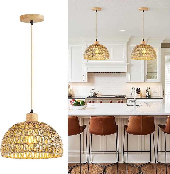 Hand-Woven Pendant Light, 11.8" Dome Rattan Pendant Lighting Fixture Wicker Ceiling Farmhouse Basket Hanging Lamp Boho Coast Chandelier for Kitchen Island Dining Room Sink Hallway Entrance