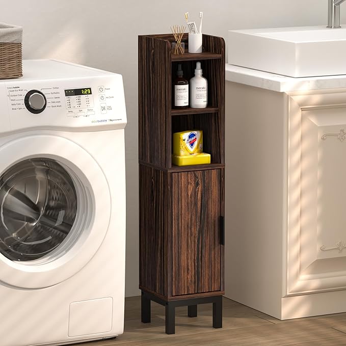 Small Bathroom Storage Cabinet, Corner Floor Cabinet with Door and Shelves, Narrow Toilet Paper Cabinet, Bathroom Organizer with Adjustable Shelf, for Small Spaces (Walnut)