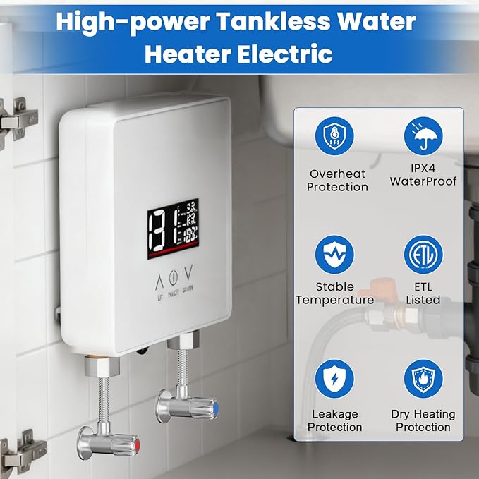 Tankless Water Heater Electric, 240V 6000W Under Sink Instant Water Heater with Digital Display Touch Screen On-Demand Water Heater Point Of Use for Kitchen, Bathroom, Laundry, RVs