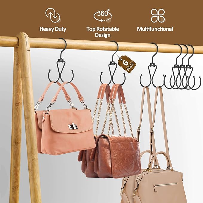 ZEDODIER 6 Pack Purse Hanger Bag Organizer for Closet, Heavy Duty Rotatable Purse Holder with 12 Storage Capacity, Bag Storage Rack for Purses Bags Backpacks, Black
