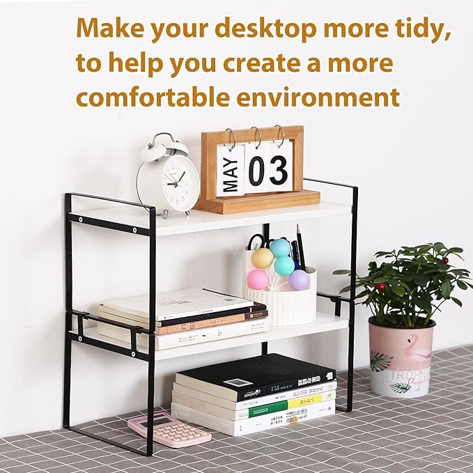 YGYQZ Desk Organizer Shelf，2 Tier Detachable Table Top Bookshelf, Freestanding Display Shelf for Office, Dormitory, Home,White+Black