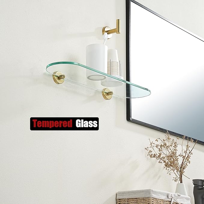 JQK Bathroom Glass Shelf Gold, Tempered Glass Shower Storage 20 by 5 inches, 304 Stainless Steel Brushed Gold Wall Mount, TGS121L20-BG