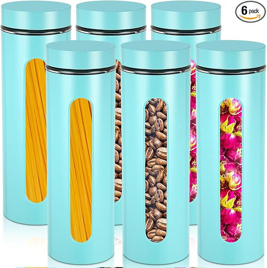 Patelai 6 Pack Kitchen Canisters Set Airtight Stainless Steel Canister Food Storage Container with Window Glass, Coffee Sugar Candy Jars Tea Organizer for Flour Cookies Spice(Turquoise,60 oz)