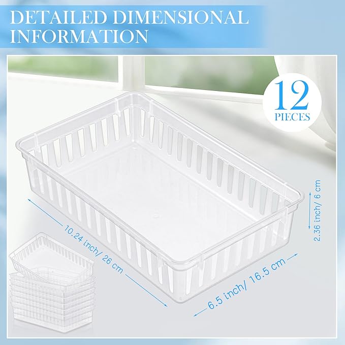 Wenqik Set of 12 Small Plastic Baskets for Organizing 10.24 x 6.5 x 2.36 Inch Pharmacy Baskets Rectangular Trays Plastic Organizer for Office Pharmacy Dorm Kitchens, Closets Shelves(Clear)