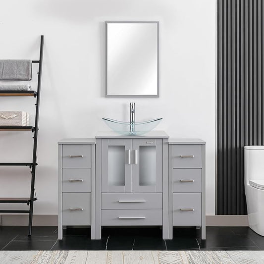 eclife 48" Modern Bathroom Vanity Sink Combo Freestanding Cabinet with Small Side Cabinet, Clear Boat Glass Vessel Sink, Water Save Faucet, Drain (Gray+A29TT)