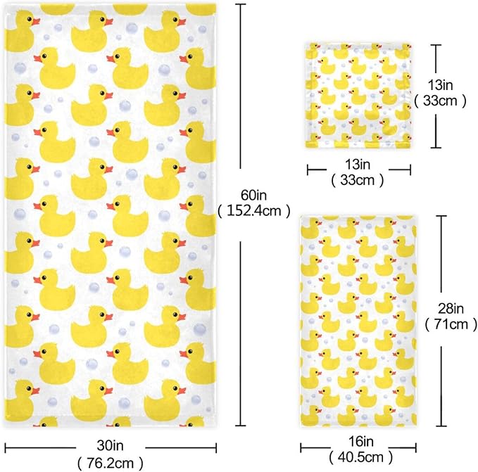3 Piece Yellow Ducks Bath Towel Set,Microfiber Decorative Vintage Cute Animal Duck Bubbles Pattern Themed Bathroom Towels,1 Bath Towel 1 Hand Towel for Bathroom Kitchen,1 Washcloth for Face