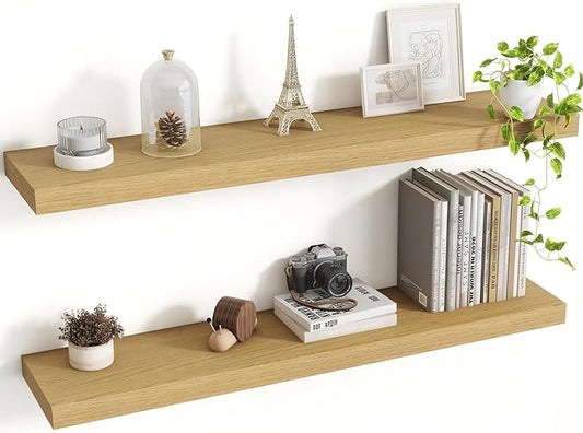 36 Inch Floating Shelves, 8 Inch Deep Floating Shelves for Wall, Hanging Shelf with Invisible Brackets, Deep Shelves for Bathroom, Bedroom, Living Room, Oak, Set of 2