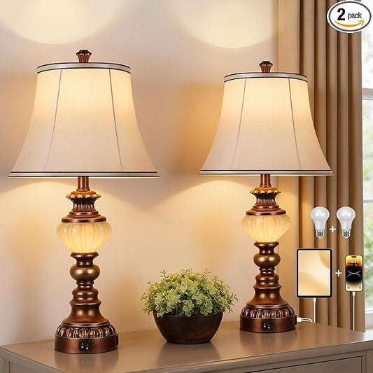 27'' Farmhouse Tall Table Lamps Set of 2 for Living Room, Traditional Vintage Bedside Table Lamps with Nightlight and USB Ports, Boho Nightstand Lamps for Bedroom End Table Home Decor(Bulbs Included)