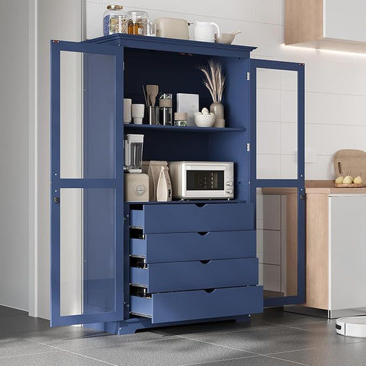 Kitchen Pantry Cabinet 44.7Wx20Dx75H inch, Freestanding Storage Display Cabinets with Glass Doors and 4 Built-in Drawers for Living Room, Home Office,Blue
