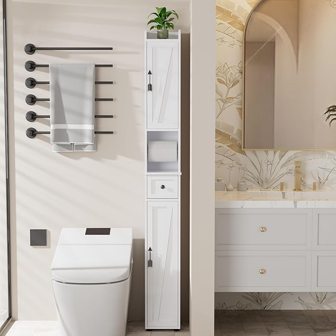 VECELO Narrow Bathroom Storage Cabinet, Tall Cabinet with Adjustable Shelves & Toilet Paper Holder & Drawer, Slim Freestanding Floor Cabinets with Magnetic Door for Small Spaces, White