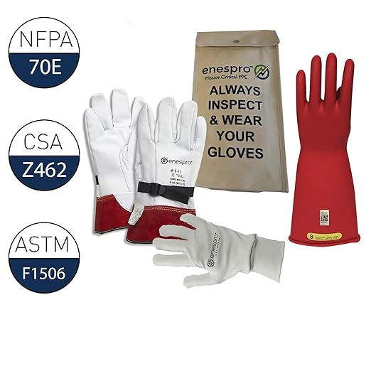 Enespro Class 2 Red Rubber Voltage Insulating Glove Premium Kit with FR Knit Glove and Leather Protectors, Max. Use Voltage 17,000V AC/ 25,500V DC, KITGC2R12AG