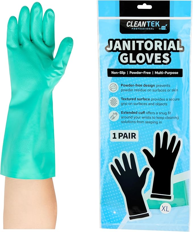 Green Cleaning Gloves 10 Pairs 15 Mil Thick Extra Large Heavy-Duty Nitrile Gloves With Long Cuff No-Latex Flock Lining For Use In Hospitals, Commercial Kitchens and Households
