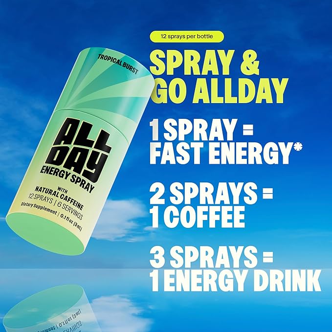 ALLDAY Focus + Energy Spray — Natural Caffeine + L-Theanine + Essential Vitamins — 0 Calorie, 0 Sugar — 12 Spray Bottle — Faster, Cleaner, Smoother Energy (8 Pack Strawberry)