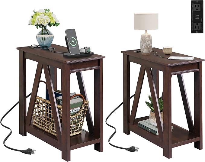 WLIVE End Tables Living Room Set of 2 with Charging Station, Sofa Side Tables with Open Storage Shelf, Slim Farmhouse End Table Sets, Espresso