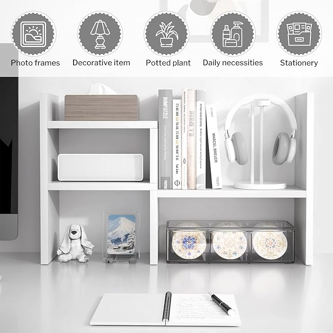 Jerry & Maggie Desktop Organizer Office Storage Rack Adjustable Wood Display Shelf Birthday Gifts Toy Home Decor Free Style Rotation Display True Natural Stand Shelf (White/2 Pack)